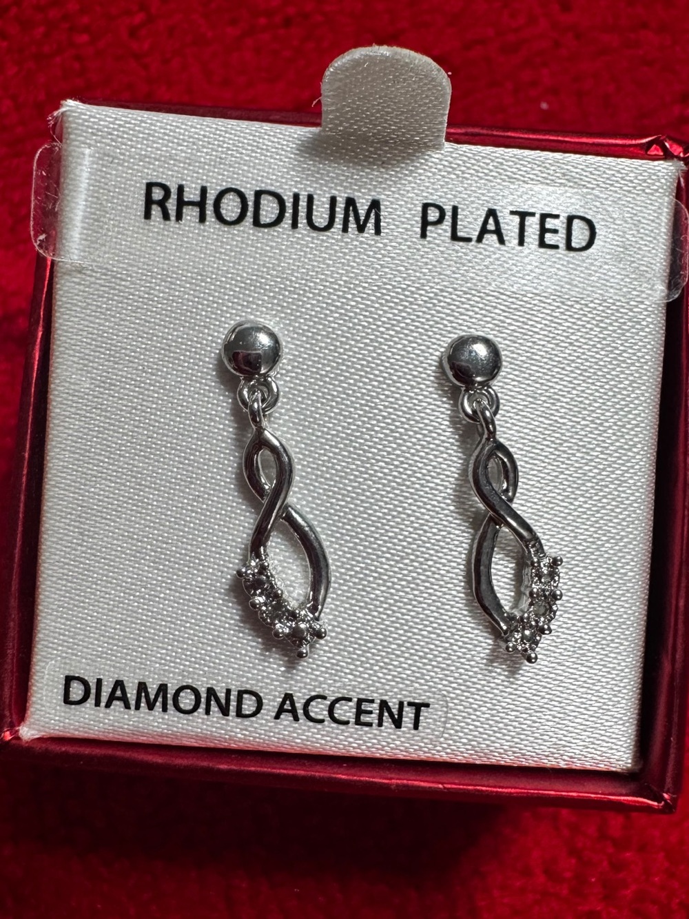 NIB Rhodium Plated Infinity Drop Earrings w/ Diamond Accents